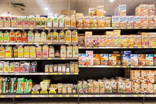 Shelf with various cereals