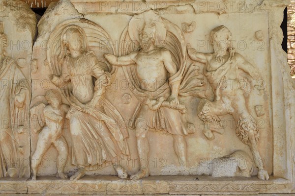 Antique marble temple frieze at the archaeological site of Nysa