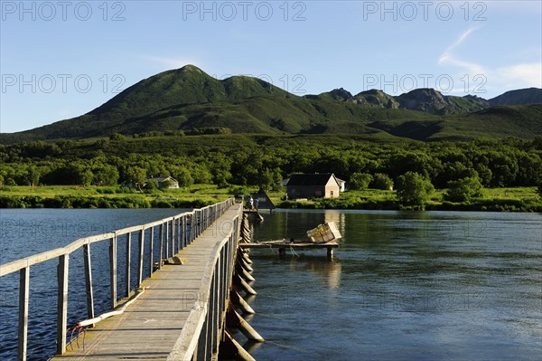 Jetty over the Ozernaya river with a salmon counting station