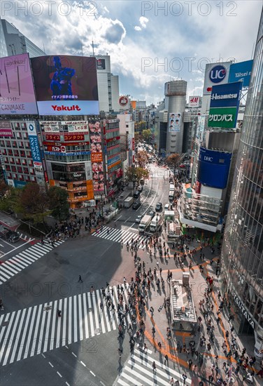 Crowd of people crossing with zebra crossing and traffic