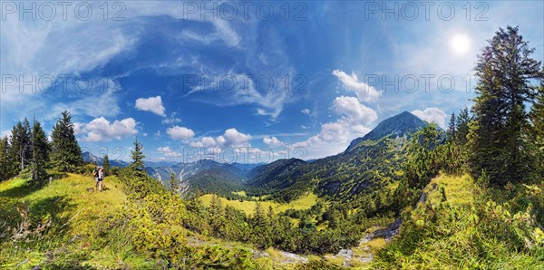 Hikers on the Weisenbachkopf mountain with view to Halserspitze peak