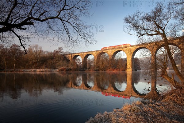 A train on the viaduct over the Ruhr