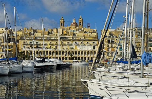 View from the Grand Harbour Marina in Vittoriosa to the church of St. Philip Neri