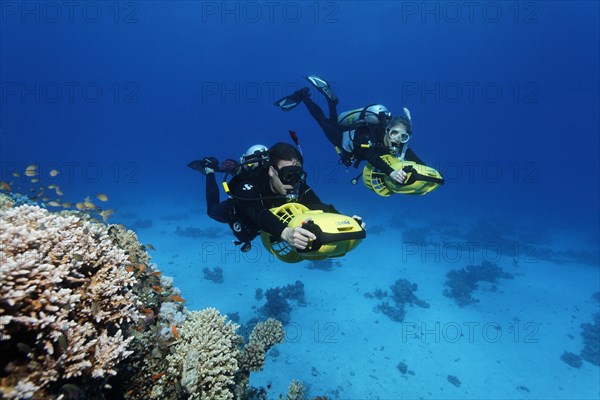 Divers with diver propulsion vehicles exploring a coral reef