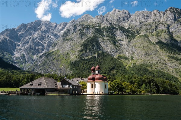 St. Bartholoma on lake Konigssee in front of the Watzmann massif