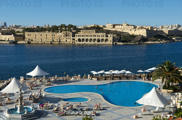 View from the pool area of the Grand Hotel Excelsior Malta of Marsamxett Harbour