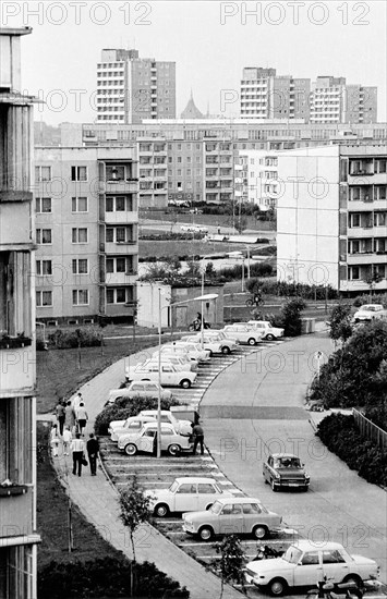 View on Rontgenstrasse with typical houses of the new district Rostock-Sudstadt