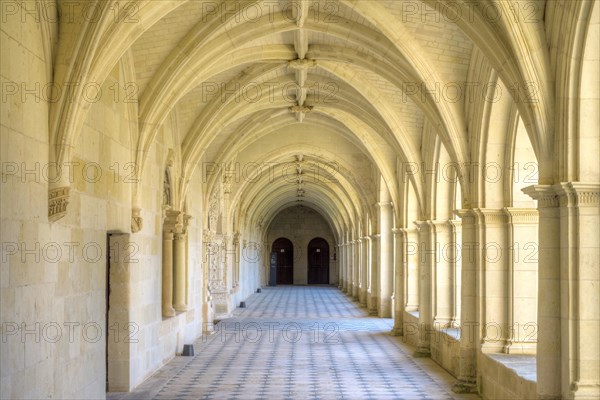 Arched interior gallery of cloister at Fontevraud Abbey