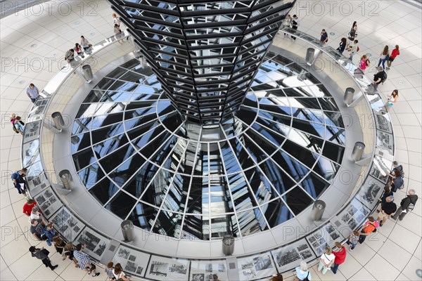 Visitors in the interior with mirrored central column of the Reichstag dome
