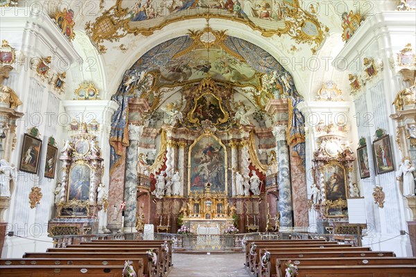 Interior and altar of the monastery church Raitenhaslach in Burghausen