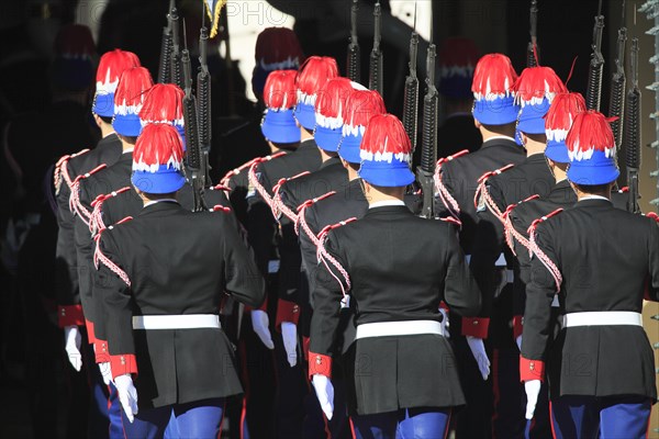 Bodyguard of the Prince in front of the cathedral on Fete du Prince national holiday