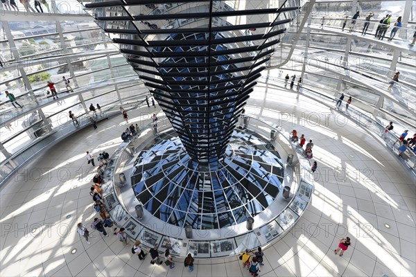 Visitors in the interior with mirrored central column of the Reichstag dome