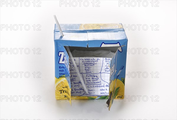 Cheat sheet or crib hidden in a Tetrapak