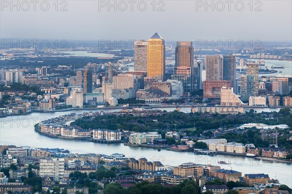 View of the Canary Wharf financial center and the river Thames