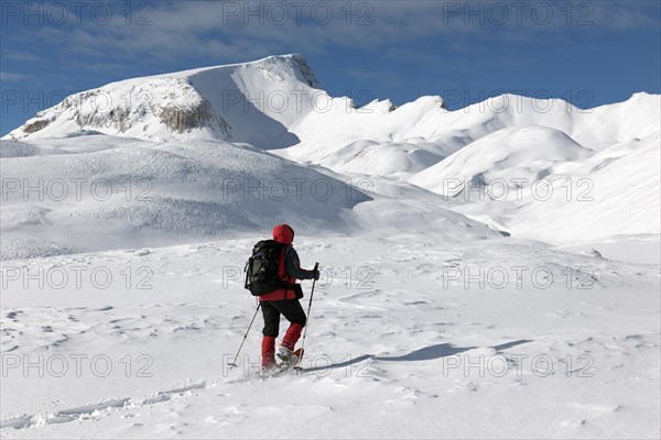 Snowshoe hiker in front of the massif of Monte Sella di Senes