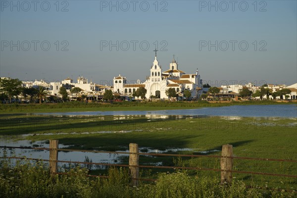 Hermitage of El Rocio in the lagoon of the Donana National Park