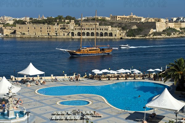 View from the pool area of the Grand Hotel Excelsior Malta of Marsamxett Harbour