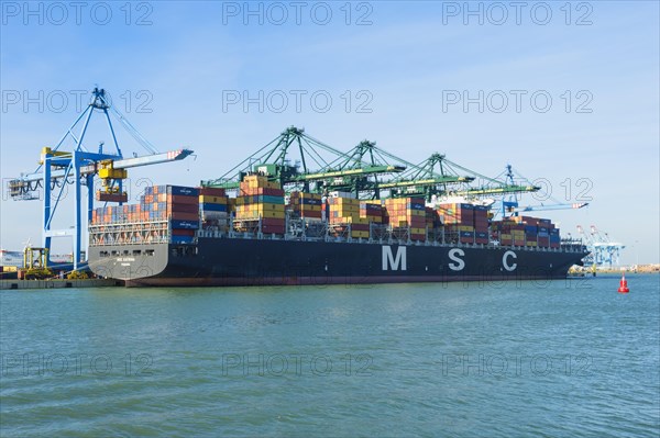 Docked cargo containers being loaded