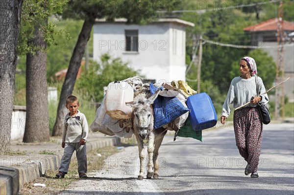 Woman and boy with donkey walking along a mountain road