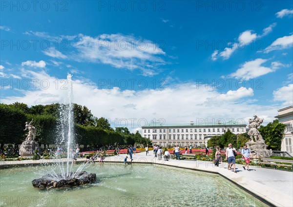 Fountain with Mirabell Palace and Mirabell Gardens