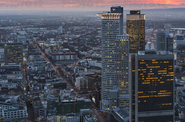 View of the city at sunset from the Main Tower with skyscrapers in the financial district
