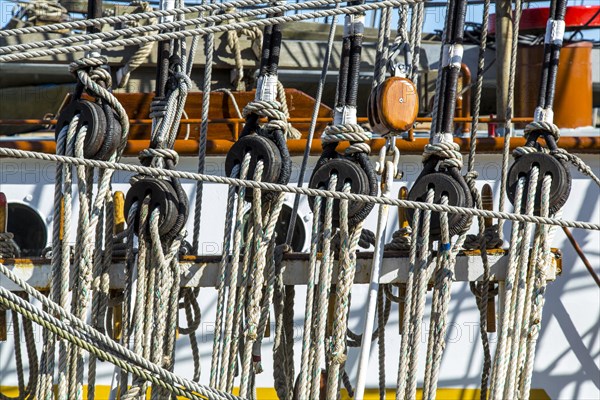 Rigging of a historic sailing ship in the harbor museum