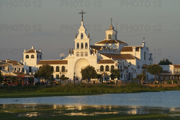 Hermitage of El Rocio in the lagoon of the Donana National Park