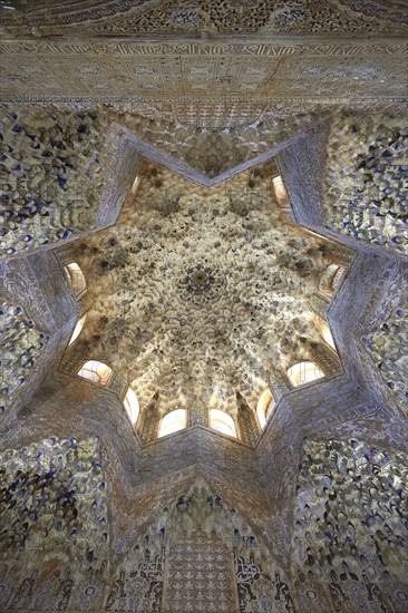 Arabesque Moorish stalactite or Mocarabe ceiling in the Hall of the Two Sisters