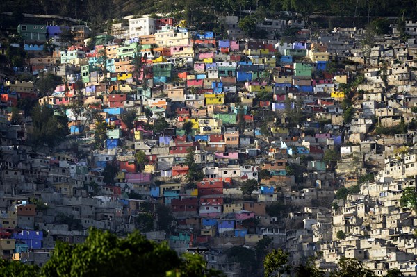 Brightly painted houses in a slum