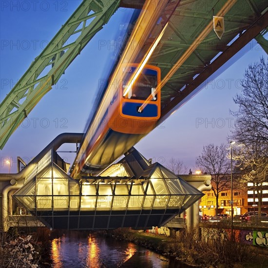 Wuppertal Suspension Railway at the station Ohligsmuhle with the river Wupper