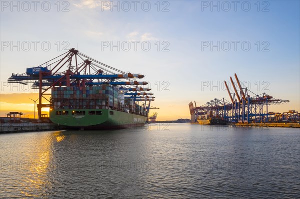 Cargo ships being loaded at Eurokai and Burchardkai in Hamburg Harbour at sunset