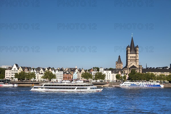 View over the Rhine of the historic centre with Great St. Martin Church and City Hall