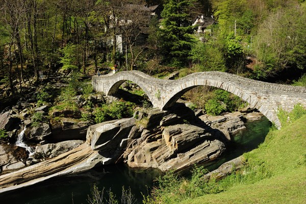 Ponte dei Salti pedestrian bridge in the Verzasca Valley spans the river Verzasca