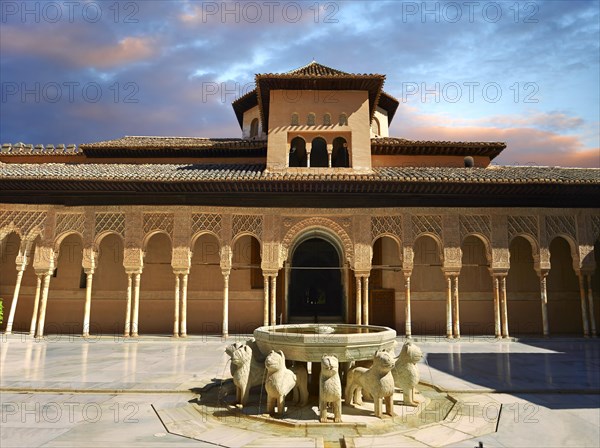 Arabesque Moorish architecture of the Patio de los Leones or Court of the Lions