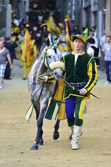 Horse and horse leader of the Contrada of the Caterpillar