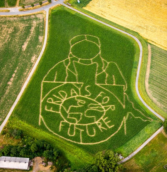 Aerial view of the FRIDAYS FOR FUTURE emblem with climate activist Greta Thunberg as corn labyrinth on a field in Cappenberg