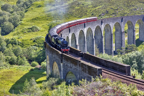 Glenfinnan viaduct from the Harry Potter films with historic train