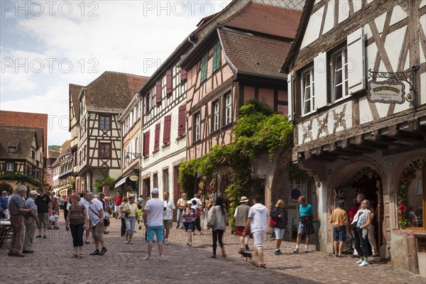 Half-timbered houses and tourists in the Rue du General du Gaulle