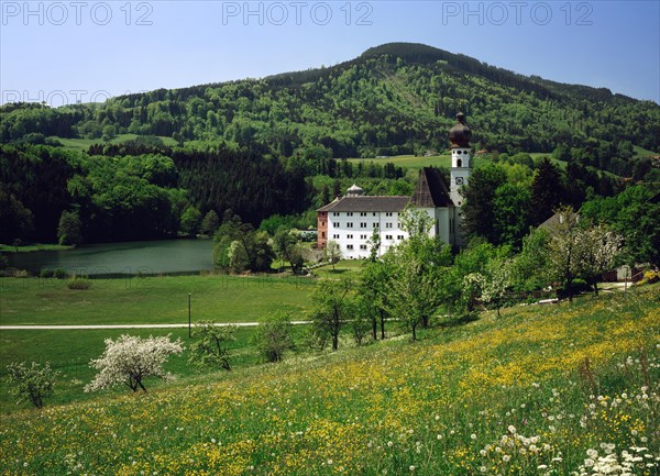 Former Hoglworth Abbey on a peninsula in Lake Hoglworth