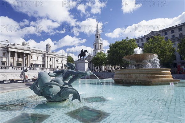 Fountain with equestrian statue of George IV and views of the National Gallery and Church of St Martin-in-the-Fields