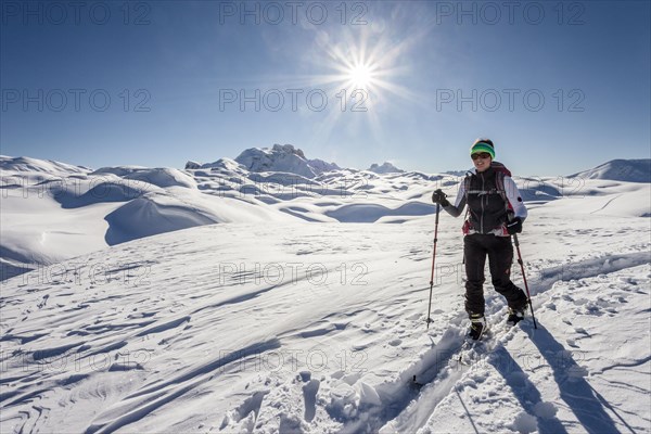 Ski mountaineer during the ascent of Mt Seekofel in the Fanes-Sennes-Prags Nature Park in the Dolomites