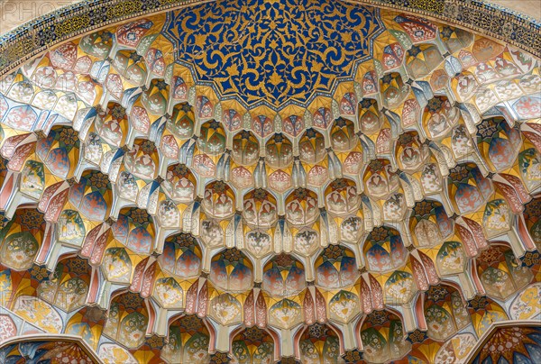 Decorative muqarnas vaulting in the iwan entrance of Abdulaziz Khan Madrassah