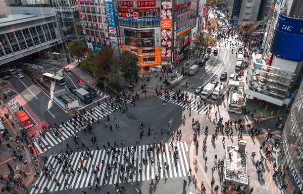 Crowd of people crossing with zebra crossing and traffic