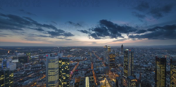 View of the city at dusk from the Main Tower with skyscrapers in the financial district