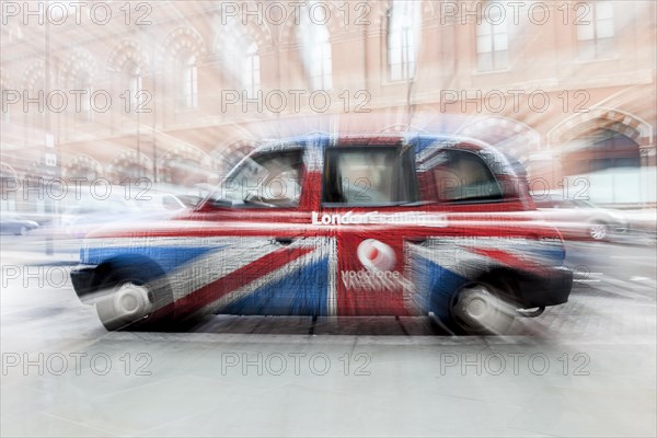 London taxi in the British national colours of the Union Jack