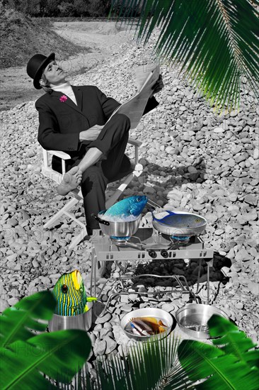 Man with bowler hat with camping equipment