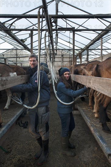 Young farmer and his daughter milking goats