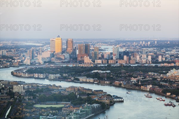 View of the Canary Wharf financial center and the river Thames