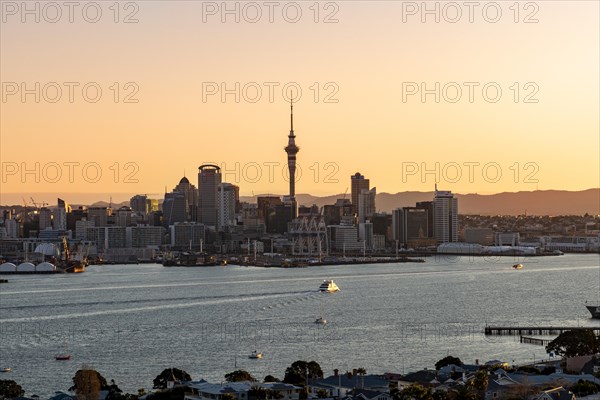 Skyline of Auckland at sunset