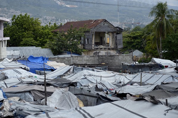 Camp for earthquake refugees on a former soccer pitch